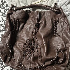 Vince Camuto Pewter Tassel Fringe Satchel charcoal, brown